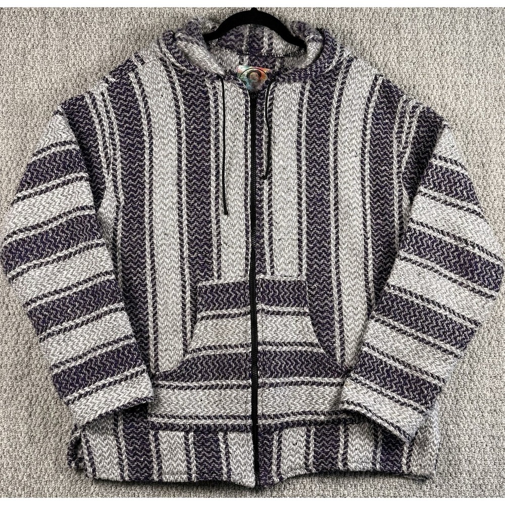 Vintage Baja Hoodie Full Zip Drug Rug Surf Skate Striped L